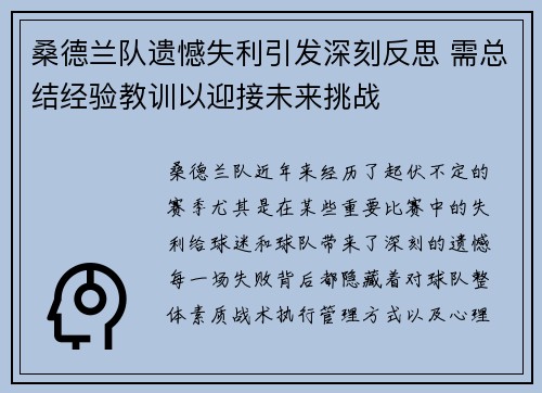 桑德兰队遗憾失利引发深刻反思 需总结经验教训以迎接未来挑战
