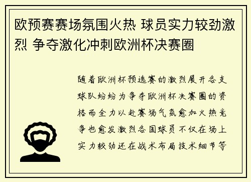欧预赛赛场氛围火热 球员实力较劲激烈 争夺激化冲刺欧洲杯决赛圈