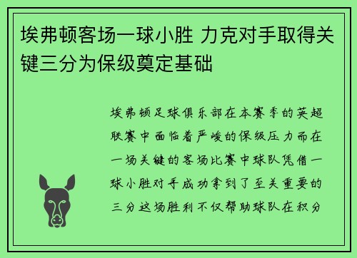 埃弗顿客场一球小胜 力克对手取得关键三分为保级奠定基础