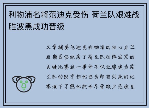 利物浦名将范迪克受伤 荷兰队艰难战胜波黑成功晋级