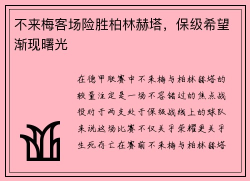不来梅客场险胜柏林赫塔，保级希望渐现曙光