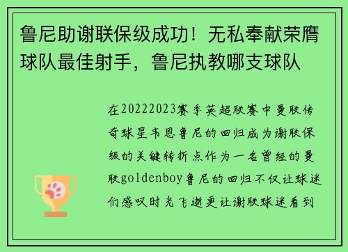 鲁尼助谢联保级成功！无私奉献荣膺球队最佳射手，鲁尼执教哪支球队