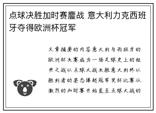 点球决胜加时赛鏖战 意大利力克西班牙夺得欧洲杯冠军